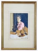 JEFFREY MILLER (20th Century) watercolour - seated female at table with teapot and cups, signed
