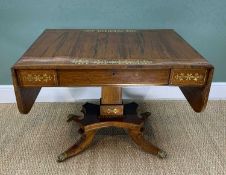 REGENCY ROSEWOOD & BRASS INLAID SOFA TABLE, drop flap top on square column, concave platform base