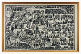 JOHN NDEVASIA MUAFANGEJO (Namibian, 1943-1987) linocut, from the edition of 100 - Shiyane Home,