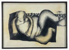 MARGARET McKEAN (South African, b. 1936) pencil - Reclining Female, hillocks and raincloud in the