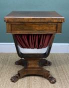EARLY 19TH CENTURY ROSEWOOD GAMES / WORK TABLE, folding moulded top opening to reveal satinwood
