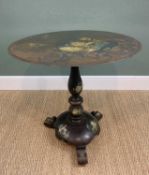 VICTORIAN PAINTED SLATE OCCASIONAL TABLE, the moulded circular slate top painted with exotic flowers
