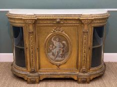 VICTORIAN GILTWOOD CREDENZA, shaped white marble top above panelled door centred with oval painted
