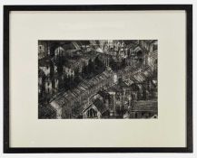 PATRICIA AITHIE (b. 1957) charcoal - valley rooftop scene with chapel, entitled verso 'Ferndale,