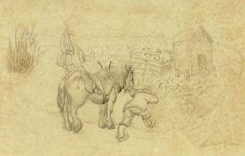 GILBERT SPENCER R.A. (British, 1892-1979) pencil drawing - farmer and dray horse, believed to be a