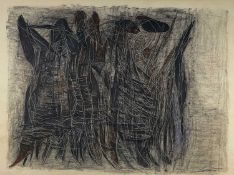 ‡ BRENDA CHAMBERLAIN black and rust wax on card - entitled verso 'Greek Dance' on 1973 Welsh Arts