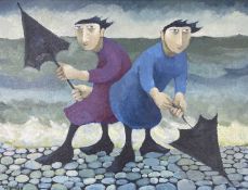 ‡ MURIEL DELAHAYE oil on board - two figures struggling with umbrellas, signedDimensions: 46 x