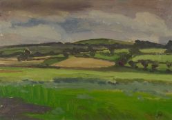 GEORGE CHAPMAN oil on panel - landscape with fields and trees on a hill, signed with