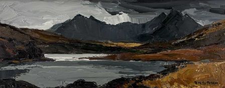 ‡ DONALD McINTYRE oil on board - Snowdonia landscape with lake, entitled verso 'Snowdon',