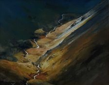‡ ROB PIERCY oil on board - Snowdon valley with escarpment and stream, signed Dimensions: 19 x