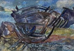 ‡ GWILYM PRICHARD mixed media with oils - wreck of boat, entitled verso 'Carcass', signed