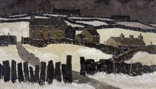 ‡ TOM GERRARD oil on board - mountainside hamlet in Snowdonia with slate fences, signedDimensions: