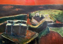 ‡ WILL ROBERTS large oil on board - landscape with cart of milk churns, farm and lane beyond with