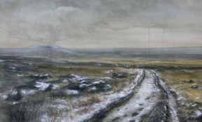 ‡ NIA LLOYD-HUGHES watercolour - two figures leaning on a gate looking across the horizon,