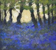 ‡ STEPHEN JOHN OWEN oil and mixed media on board - woodland with bluebells, signed with