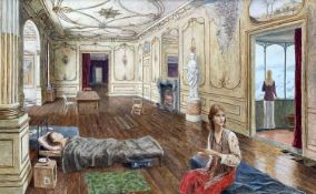 ‡ EVAN CHARLTON oil on board - entitled verso 'Refugees from the Snowstorm, 1982', signed