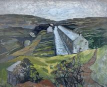 ‡ JOHN ELWYN oil on board - south Wales industrial landscape with terraced houses, entitled verso '