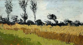 ‡ GWILYM PRICHARD oil on board - entitled verso on Cheltenham Fine Arts Gallery label 'Cornfields