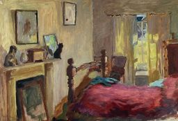 ‡ JOHN ELWYN oil on paper - interior view of a bedroom, entitled verso 'Bedroom at Emlyn Mills,