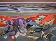 ‡ GOMER LEWIS oil on canvas - semi-abstract coastal scene, entitled 'Behind the Shore',