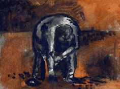 ‡ JOSEF HERMAN OBE RA watercolour and ink - working figure bending over, red backgroundDimensions: