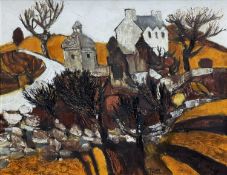 ‡ GWILYM PRICHARD oil on board - landscape at Penmon, Ynys Mon (Anglesey) with buildings, signed and