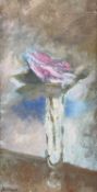 ‡ IVOR DAVIES MBE oil on canvas - still life of single stemmed rose in a vase, entitled verso '