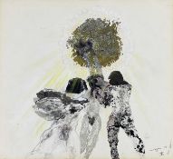 ‡ GLYN MORGAN mixed media with possibly gold leaf on board - entitled verso 'The Flying of Marsyas