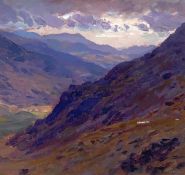 ‡ DAVID WOODFORD oil on card - entitled verso 'Gwynant Warm Purples', signed and dated