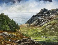 ‡ GWYNETH TOMOS oil on canvas - coastal landscape at Nant Gwrtheyrn, Gwynedd, signedDimensions: 60 x