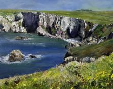 ‡ MAVIS GWILLIAM acrylic on board - cliffs at Rhoscolyn, Anglesey, signedDimensions: 39 x