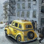 ‡ NICK HOLLY oil on canvas - New York City with yellow cab figures and tenements,