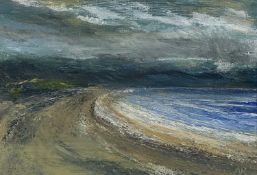 ‡ ALLAN REDFERN oil on card - expansive beach scene, entitled verso 'Treath Llanddwyn Study I',