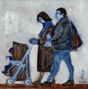 ‡ KAREL LEK oil on canvas - couple walking with child in a pushchair, signedDimensions: 29.5 x 29.