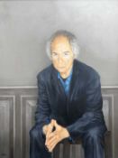 ‡ GEOFFREY WYNN oil on canvas - portrait of seated figure with hands together, entitled verso '