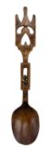 TREEN WELSH LOVE SPOON DATED 1804, the stem with ball and cage, handle with open work and crown,
