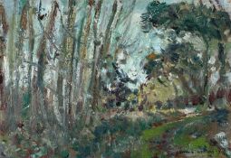 ‡ WARREN S HEATON oil on panel - entitled verso 'Stackpole Woods', signedDimensions: 21 x