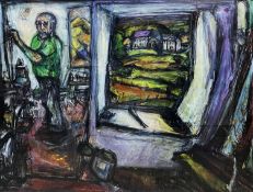 ‡ PETER PRENDERGAST exceptionally large mixed media - self portrait of the artist in his studio,