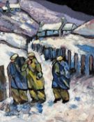 ‡ OWEN MEILIR oil on canvas - homage to Welsh artist Ifor Pritchard with figures in the snow,