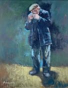 ‡ ANEURIN JONES acrylic on board - standing farmer rolling a cigarette, entitled verso on Fountain