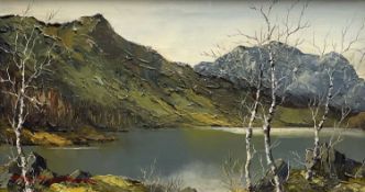 ‡ CHARLES WYATT WARREN oil on board - Llyn Ogwen, Eryri (Snowdonia) with silver birch trees,