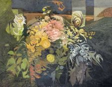 ‡ JOHN ELWYN large oil on board - landscape with roses, entitled verso 'Roses', signed and dated
