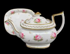 RARE NANTGARW PORCELAIN TEAPOT, COVER & STAND circa 1818-1820, of bellied rectangular form with