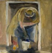 GEORGE CHAPMAN oil on canvas - figure crouched with bucket, unsigned Dimensions: 29 x