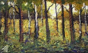 ‡ STEPHEN JOHN OWEN oil and mixed media on board - woodland, signed with initialsDimensions: 17 x