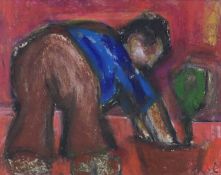 ‡ MIKE JONES mixed media - entitled verso 'Gardener (Planting)', signedDimensions: 23 x