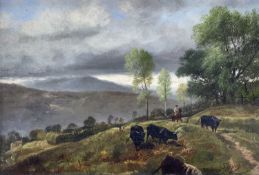 ‡ RICHARD BEAVIS oil on canvas - cattle on Welsh mountainside with horse and rider, with Spink of