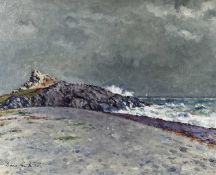 ‡ DAVID GRIFFITHS MBE oil on canvas - entitled verso 'Gimble Rock, Pwllheli', dated verso 1977,