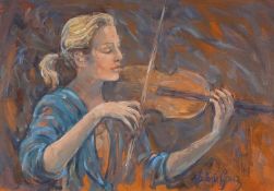 ‡ VALERIE GANZ oil on card - head and shoulders portrait of violinist Heather Badke at the Brecon