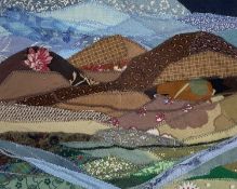 ‡ JOSIE RUSSELL fabric collage - mountainscape with stream, signed with initialsDimensions: 19.5 x
